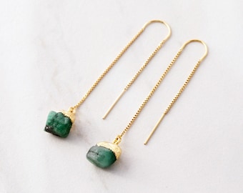 Emerald Threader Earrings - Natural Emerald Earrings, May Birthstone Earrings, Natural Gemstones, May Birthday Minimalist Earring thread GMP