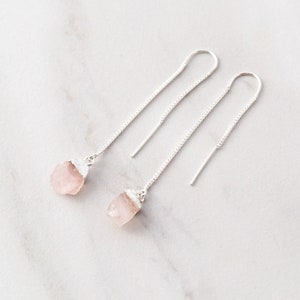 Rose Quartz Threader Earrings - Birthstone Earrings, Minimalist Earring, October Birthday Gift, Hypoallergenic, Threader Dangle Earrings