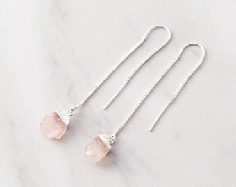 Rose Quartz Threader Earrings - Birthstone Earrings, Minimalist Earring, October Birthday Gift, Hypoallergenic, Threader Dangle Earrings