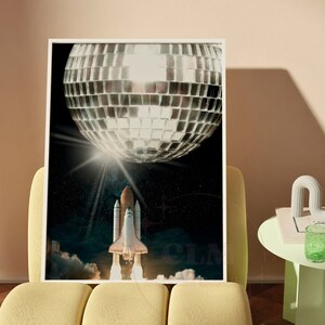 Disco Ball Moon Digital Prints, Trendy College Dorm Decor, Retro Printable Space Poster, Apartment Aesthetic , Funky Bar Cart Print