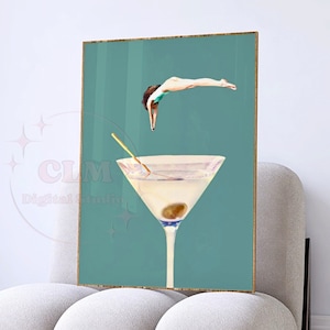 Vintage Dirty Martini And  A Retro Girl Digital Print, Preppy Retro Bar Cart Poster Printable, Trendy Cocktail Wall Art, College