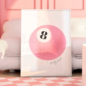 Pink Pool Ball Lucky Girl Typography Digital Print, Y2K Room Printable Decor, Preppy Bar Cart Wall Art, Psychedelic Trippy Art