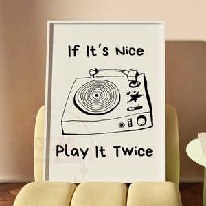 If Its Nice Play It Twice Digital Prints, Preppy Retro Y2K Wall Art, Trendy Typography Printable Posters, Record Player Sketch Wall Decor