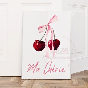 Coquette Cherry Digital Print, Trendy Ma Cherie Pink Ribbon Wall Art, Preppy Retro Bar Cart Printable Poster, Feminine Bow Prints, College