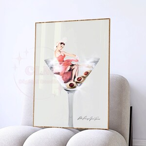 Dirty Martini Digital Prints, Preppy Retro Bar Cart Printable Poster, Vintage Sexy Pin-up Girl Wall Art, Trendy Cocktail Print, College