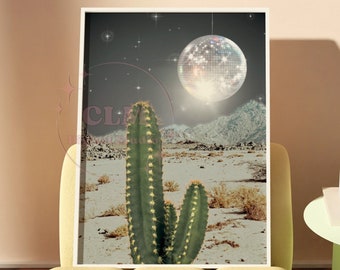Preppy Disco Cactus Digital Prints, Trendy Disco Ball Wall Art, Retro Printable Night Desert Print, Cactus Decor, Funky West Cowgirl Poster