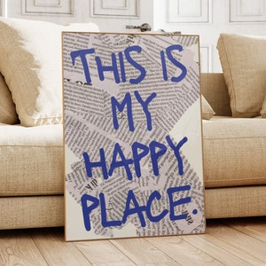 This Is My Happy Place Newspaper Digital Print In Blue, Trendy Retro Bar Cart Wall Art, Vintage Typography Printable Poster, College