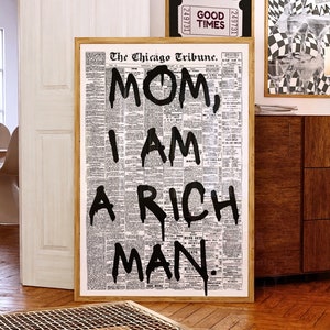 Mom I am A Rich Man Retro Newspaper Digital Prints, Trendy Bar Cart Poster, Manifestation Wall Art, Feminist Typography Wall Decor, College