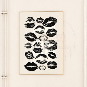 Monotone Kiss Mark Digital Print, Kisses Aesthetic Printable Poster, Preppy Retro Bar Cart Wall Art, College Apartment Essentials