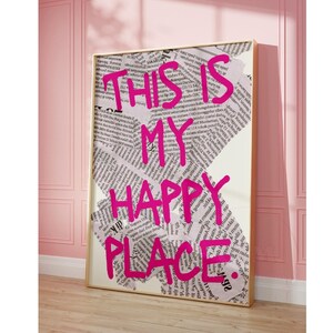Trendy Retro Newspaper Digital Print, This Is My Happy Place Printable Poster, Vintage Typography Prints, Preppy Bar Cart Wall Art, College