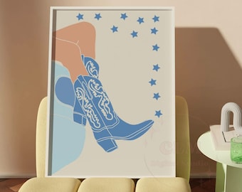 Pastel Blue Cowboy Boot With Car Digital Prints, Trendy Retro Coastal Cowgirl Printable Poster, Western Large Printable Wall Art, College