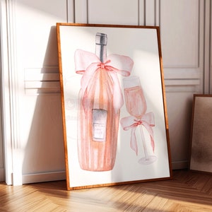 Champagne met roze strik digitale prints, coquettedecor, retro barwagen kunst aan de muur, grote afdrukbare posters Balletcore, universiteitsappartement
