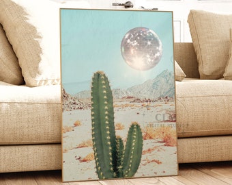 Preppy Disco Cactus Digital Prints, Trendy Disco Ball Wall Art, Retro Printable Desert Art Print, Cactus Decor, West Poster, Funky Art