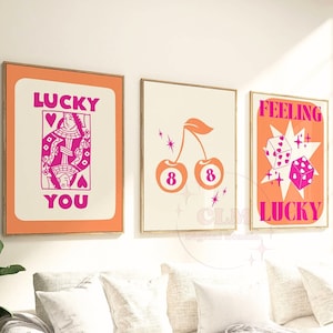 Lucky You Pink Orange Digital Print, Trendy  Feeling Lucky Set Of 3, Positive Affirmation Wall Art Printable,  Typography Poster, College
