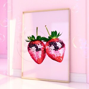 Disco Ball Dipped Strawberries Digital Print In Pastel Pink, Preppy Retro Bar Cart Printable Wall Art, Mirror Ball Poster, College Apartment