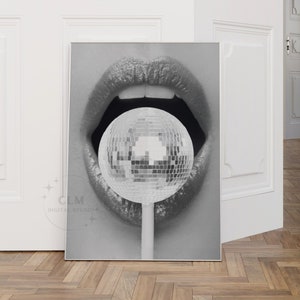 Monotone Disco Ball Digital Print, Trendy Retro Bar Cart Large Printable Poster, Funky Disco Lollipop Wall Art, Cute Lips Decor, College