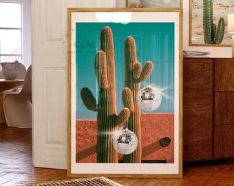 Preppy Dorm Room Printable Digital, Disco Cactus Print, Trendy Wall Art, Retro Vibe Desert Decor, Preppy Poster, Funky Disco Ball Print