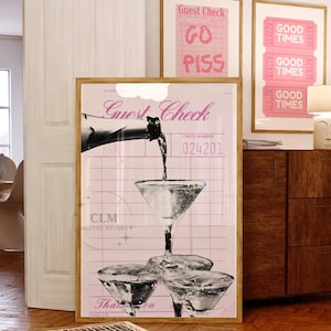 Preppy Bubbly Digital Prints, Pink Champagne Tower Guest Check Printable, Retro Monotone Wall Art, Trendy Cute Bar Cart Print, Dorm Decor
