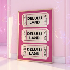 Preppy Pink Yellow Delulu Tickets Digital Prints, Trendy Wall Art, Retro Large Printable Posters,Aesthetic Downloadable, Cute Bar Cart Decor