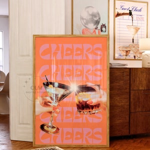 Preppy Retro Bar Cart Digital Print, Pink Orange Cheers Print, Trendy Kitchen Room Wall Art, Funky Printable Large Poster, College Apartment