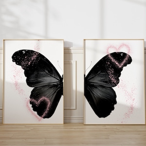 Trendy Wall Art Set Of 2, Black And White Butterfly Digital Prints, Preppy Bar Cart Wall Art, Pink Heart Large Printable Posters, College
