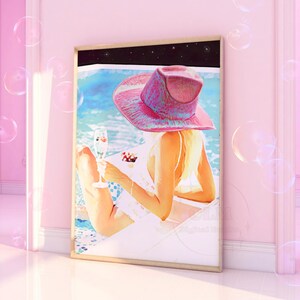 Coastal Cowgirl Digital Print, Preppy Retro Bar Cart Wall Art, Pink Western Hat Printable Posters, Bubbly Champagne Prints, College