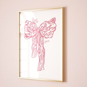 Lucky You Hand Drawn Bow Digital Print, Coquette Pink Bow Printable Posters, Trendy Cute Balletcore Bedroom Wall Art, College Apartment