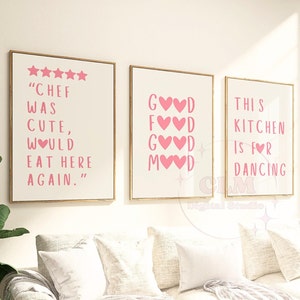 Preppy Retro Wall Art Set of 3, Trendy Girly Pink Digital Prints, Cute Chef Kitchen Wall Art Printable, Aesthetic College Dorm Room Decor