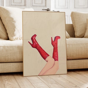 Trendy Red Boots Digital Print, Preppy Retro Bar Cart Wall Art, Girly Cute Red & Beige Printable Posters, College Apartment Aesthetic