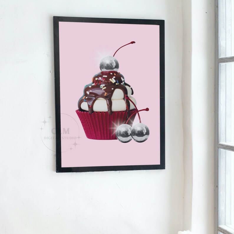 Disco Ball Cherry Cupcake Digital Prints, Preppy Retro Bar Cart Poster