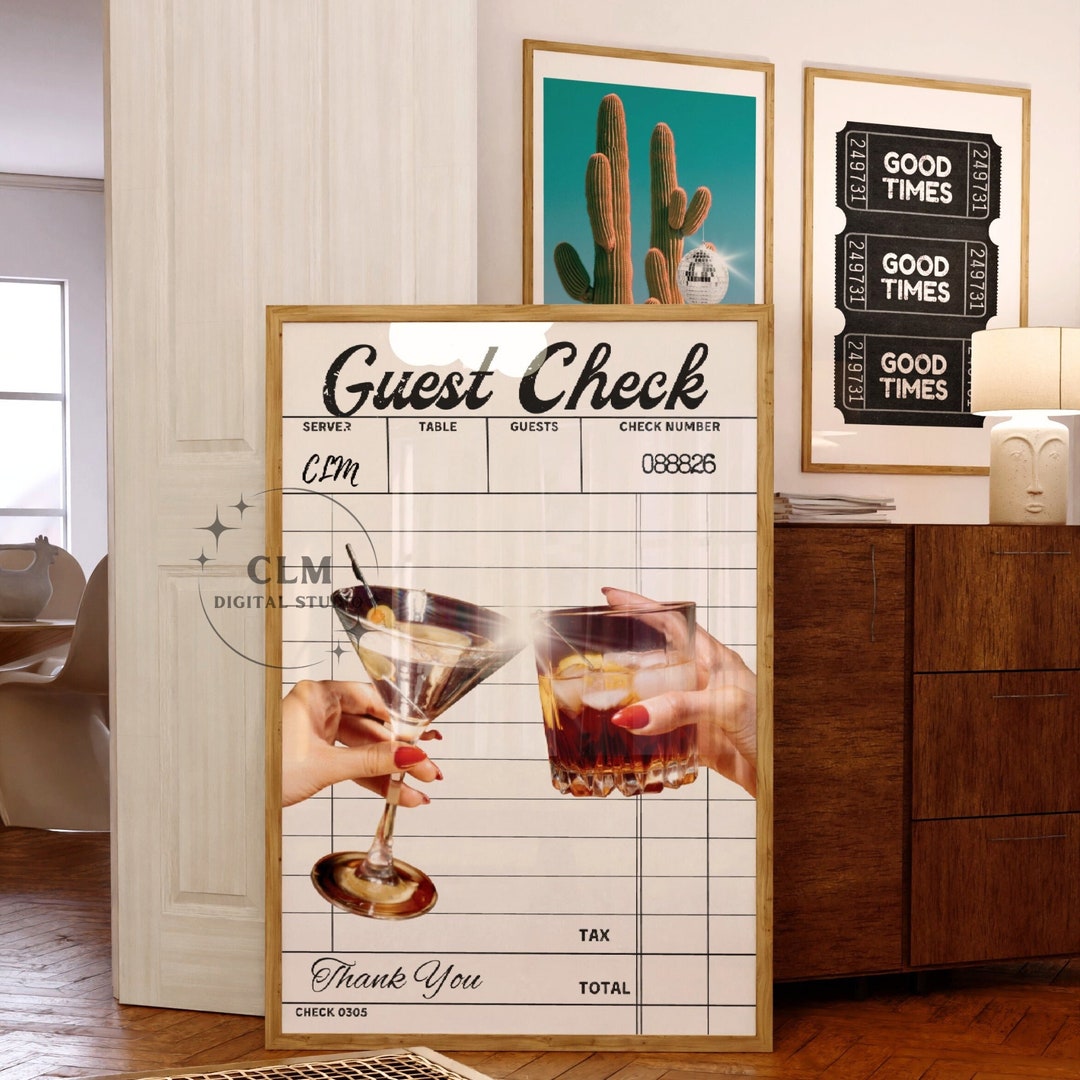Cocktails Cheers Guest Check Digital Prints, Trendy Retro Bar Cart Wall ...