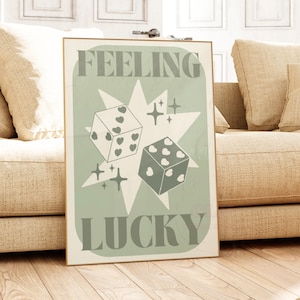 Feeling Lucky Digital Prints In Sage Green, Preppy Retro Bar Cart Large Printable Posters, Trendy Lucky Dice Prints, Manifestation Decor