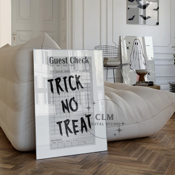 Trick No Treat Halloween Guest Check Print In Black | Trendy Girly Wall Art Retro Bar Cart Poster Funky Dorm Decor Digital Printable