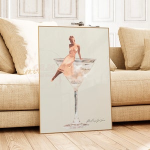 Vintage Pin Up Girl & Martini Glass Digital Print In Neutral, Preppy Retro Bar Cart Wall Art Printable, Trendy Retro Girl Wall Art, College
