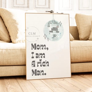 Mom I am A Rich Man Digital Print, Preppy Disco Ball Wall Art, Retro Bar Cart Aesthetic Printable, Funky Girly College Dorm Room Decor