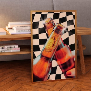 Vintage bierfles Proost digitale print, trendy barwagen kunst aan de muur, funky cocktailprints, retro afdrukbare poster, funky studentenhuis decor