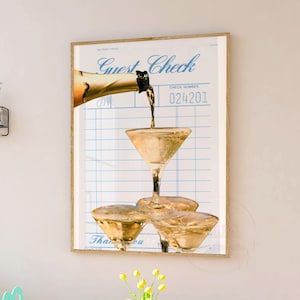 Blue Champagne Tower Guest Check Digital Print, Preppy Retro Bar Cart Poster Printable, Trendy Champagne Problems Wall Art, College