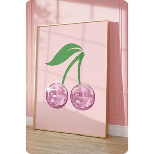 Preppy Pink Disco Ball Digital Print, Trendy Cherry Wall Art, Retro Bar Cart Printable Poster, Cute Girly Fruit Dorm Room Essentials