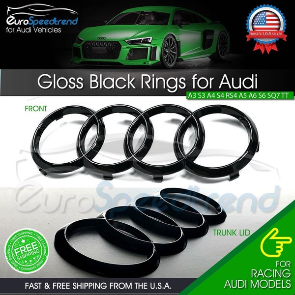 Audi Black Rings Front Grill & Rear Trunk Emblem Gloss Black Logo A3 A4 S4 A5 S5 A6 S6