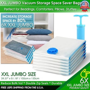 May include: Six white vacuum storage bags with blue zippers and a blue valve. The bags are stacked on top of each other. A blue hand pump is shown in the upper right corner of the image. The text on the image reads "XXL JUMBO Vacuum Storage Space Saver Bags", "Increase Storage Space by 80%", "6X XXL JUMBO", "XXL JUMBO SIZE 39.37" x 51.18" / 100cm x 130cm", "Reduce 80% Vol * Double Zip Seals * Durable", "FREE USPS SHIPPING FROM THE U.S.A.", "6X XXL JUMBO SIZE PREMIUM QUALITY".