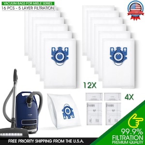 May include: White vacuum cleaner bags with blue accents, designed for Miele series vacuums. The image shows 16 bags, with a 5-layer filtration system. The text reads "VACUUM BAGS FOR MIELE SERIES" and "16 PCS - 5 LAYER FILTRATION".