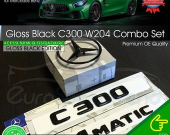 C300 Emblem 4MATIC Gloss Black Rear Trunk Star Badge Set AMG Mercedes Benz W204