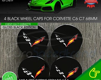 Enjoliveurs centraux de roue noirs brillants compatibles avec Corvette C7 C6, jeu de drapeaux croisés, 68 mm, référence 23217059, OE 2.7