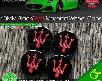 Cache-moyeu de roue Maserati noir et rouge 60 mm Ghibli GTS Levante Quattroporte (4 pièces, pièce d'origine)