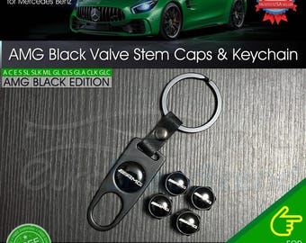 AMG Valve Stem Caps and Keychain Black Mercedes-Benz Emblem Wheel Tire Cap C E S