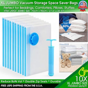 May include: Ten clear vacuum storage bags with blue zipper seals and a blue hand pump. The bags are 27.6 inches by 35.43 inches. The text on the image reads "Save Space Up To 80%" and "10X XL Jumbo Size Premium Quality".