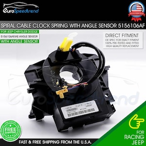 May include: Black spiral cable clock spring with angle sensor for Jeep, Chrysler, and Dodge vehicles. The part number is 5156106AF/AE. The part is labeled with "R.Lev A. - 106AF 05156".