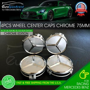 May include: Four circular chrome wheel center caps for Mercedes Benz vehicles, each featuring the iconic three-pointed star emblem. These caps measure 75mm in diameter and are designed with a reflective metallic finish and secure mounting clips.