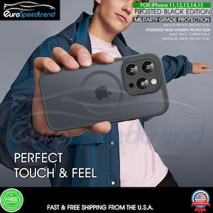 May include: A frosted black phone case for iPhone 11, 12, 13, 14, and 15. The case has a raised camera ring and says "Military Grade Protection" and "Superior Drop Protection".