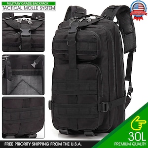 May include: Black tactical backpack with multiple pockets and straps. The backpack has a 30L capacity and is made of durable material.  "Military Grade Backpack Tactical Molle System" and "Free Priority Shipping from the U.S.A." are printed on the image.
